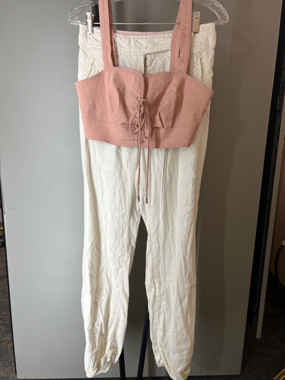 Anthropologie Dusty Pink Lace-Up Crop Top with Ivory Jogger Pants